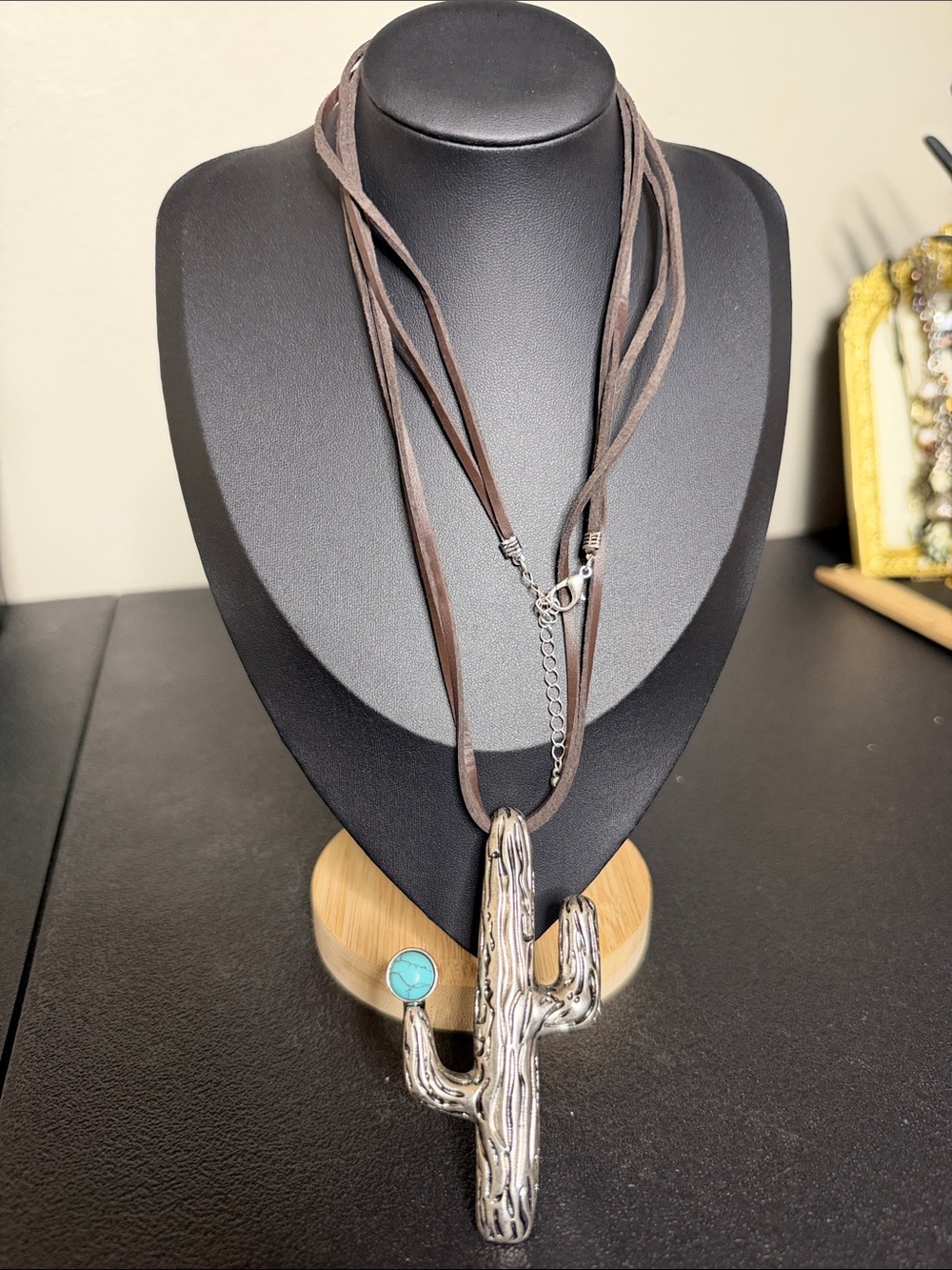 Boho Silver Cactus Pendant Long Necklace Turquoise Accent Women Western Jewelry